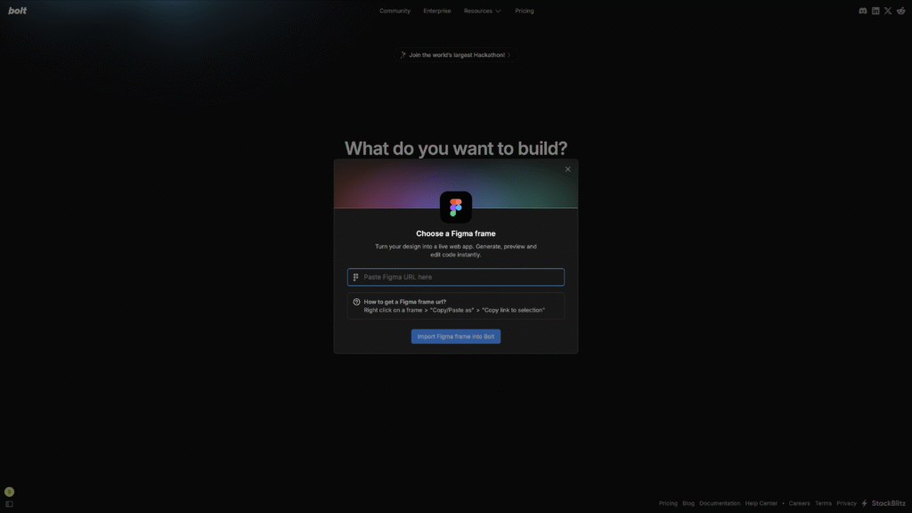 Bolt AI development interface showing a dark-themed code editor with the prompt 'What do you want to build?' and a modal dialog for choosing a Figma frame to convert into a web application